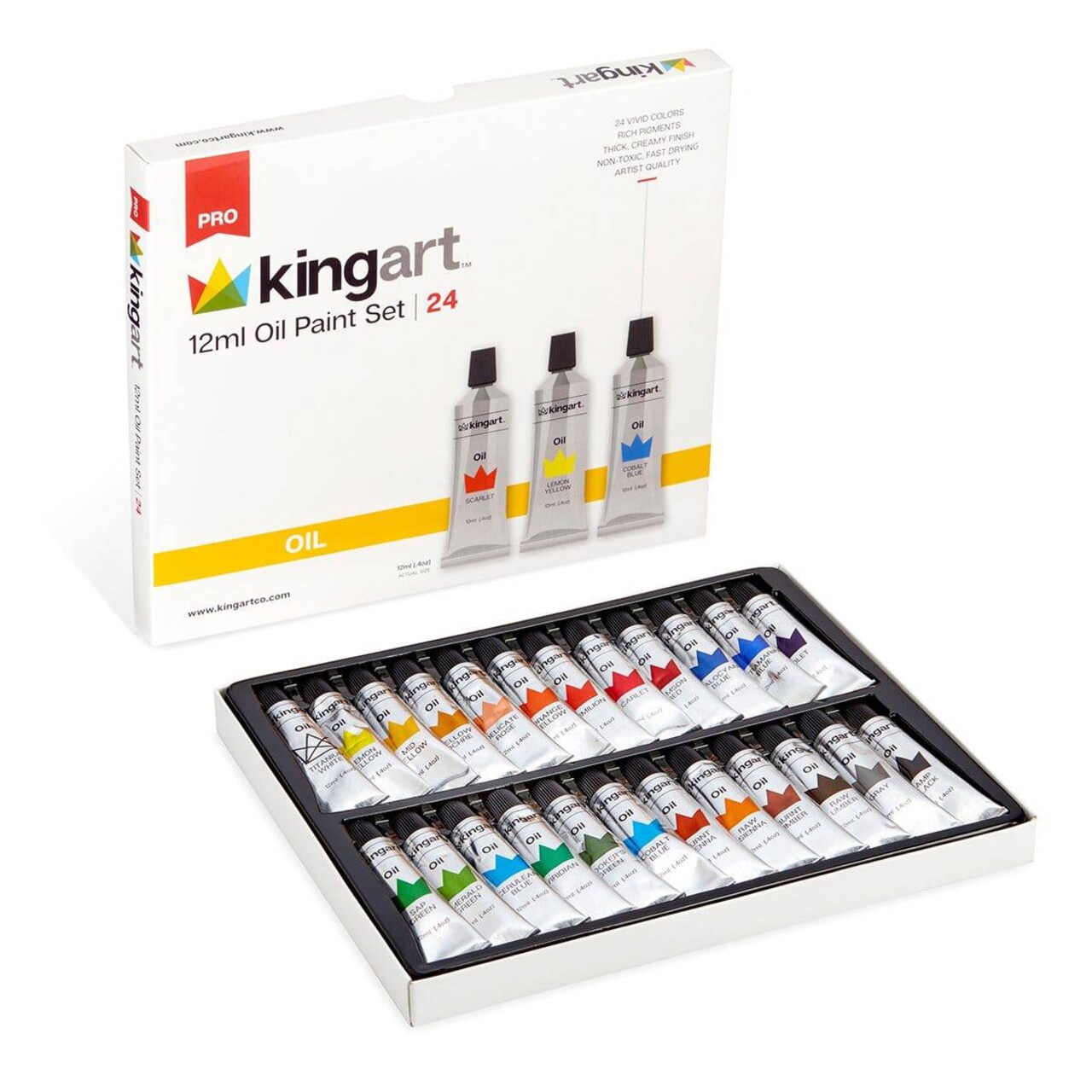 KINGART® PRO Artist Oil Paint, 12ml (.4oz), Set of 24 Unique Colors